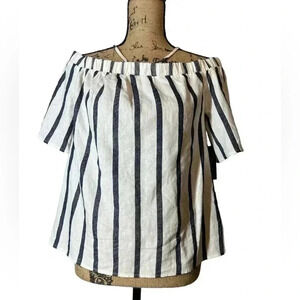 Vince Camuto Linen Off Shoulders Top White Blue Strips Short Sleeve Size  Small